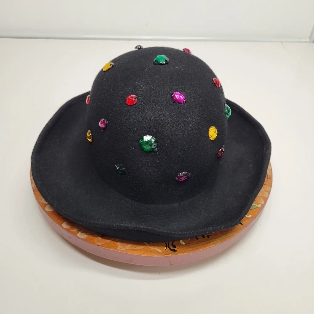 Vintage Wool Bejewled Made in Italy‎ Black Hat Silver Studs Felt 60s Retro